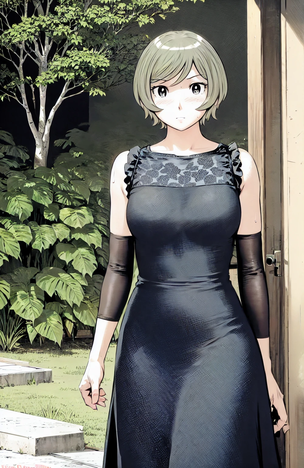 、(masterpiece、Highest quality)、Highest quality, Ultra-high resolution, (((masterpiece))), alone, Sweat、Big eyes, No sleeve、Outdoor、Floral dress、Composition from the front、(Cut the back hair short、short hair、blonde、woman)、Shortcuts、Embarrassed face、Cut your hair short、可愛いwomanの子、Big Breasts