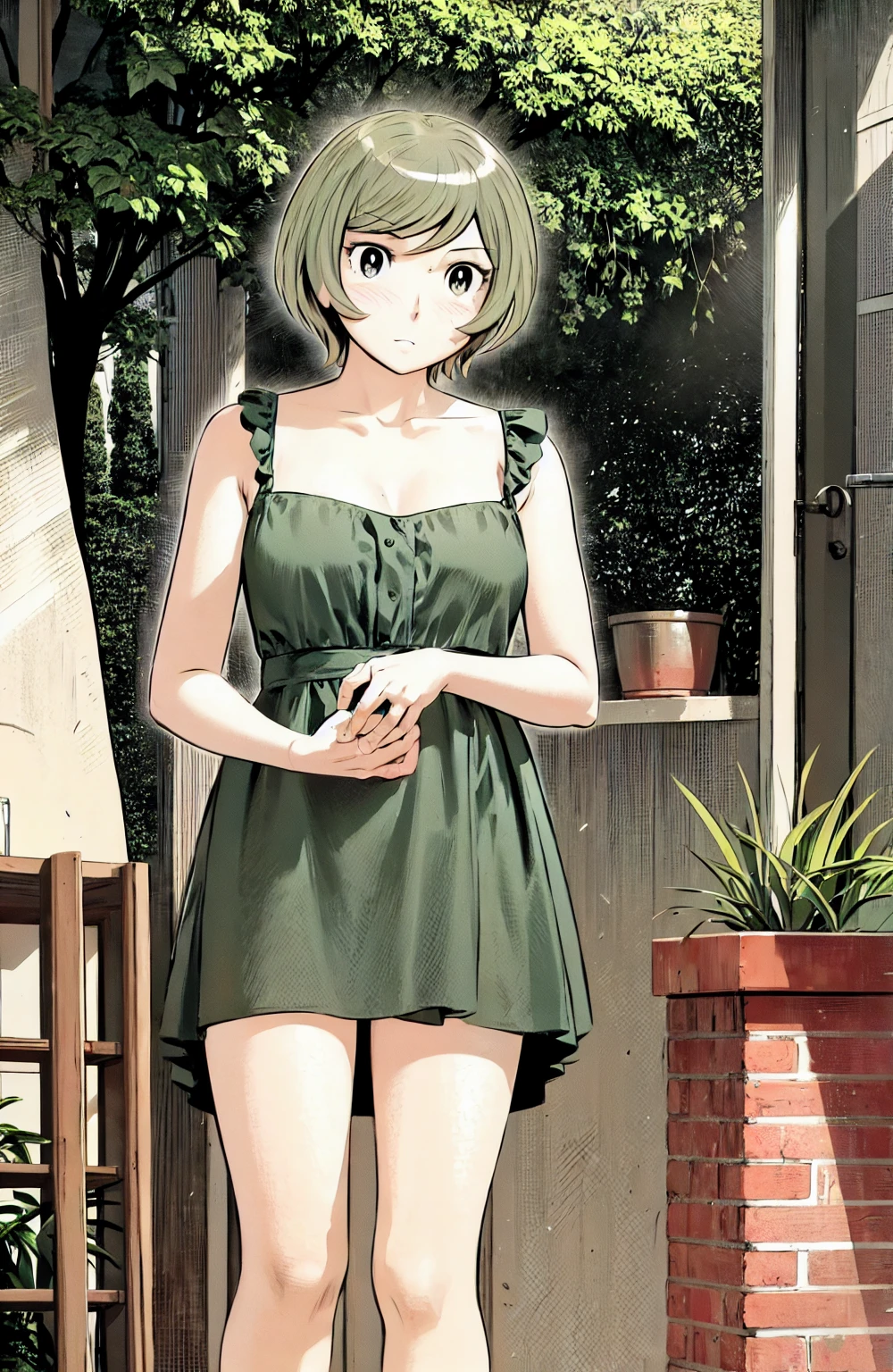 、(masterpiece、Highest quality)、Highest quality, Ultra-high resolution, (((masterpiece))), alone, Sweat、Big eyes, No sleeve、Outdoor、Floral dress、Composition from the front、(Cut the back hair short、short hair、blonde、woman)、Shortcuts、Embarrassed face、Cut your hair short、可愛いwomanの子、Big Breasts