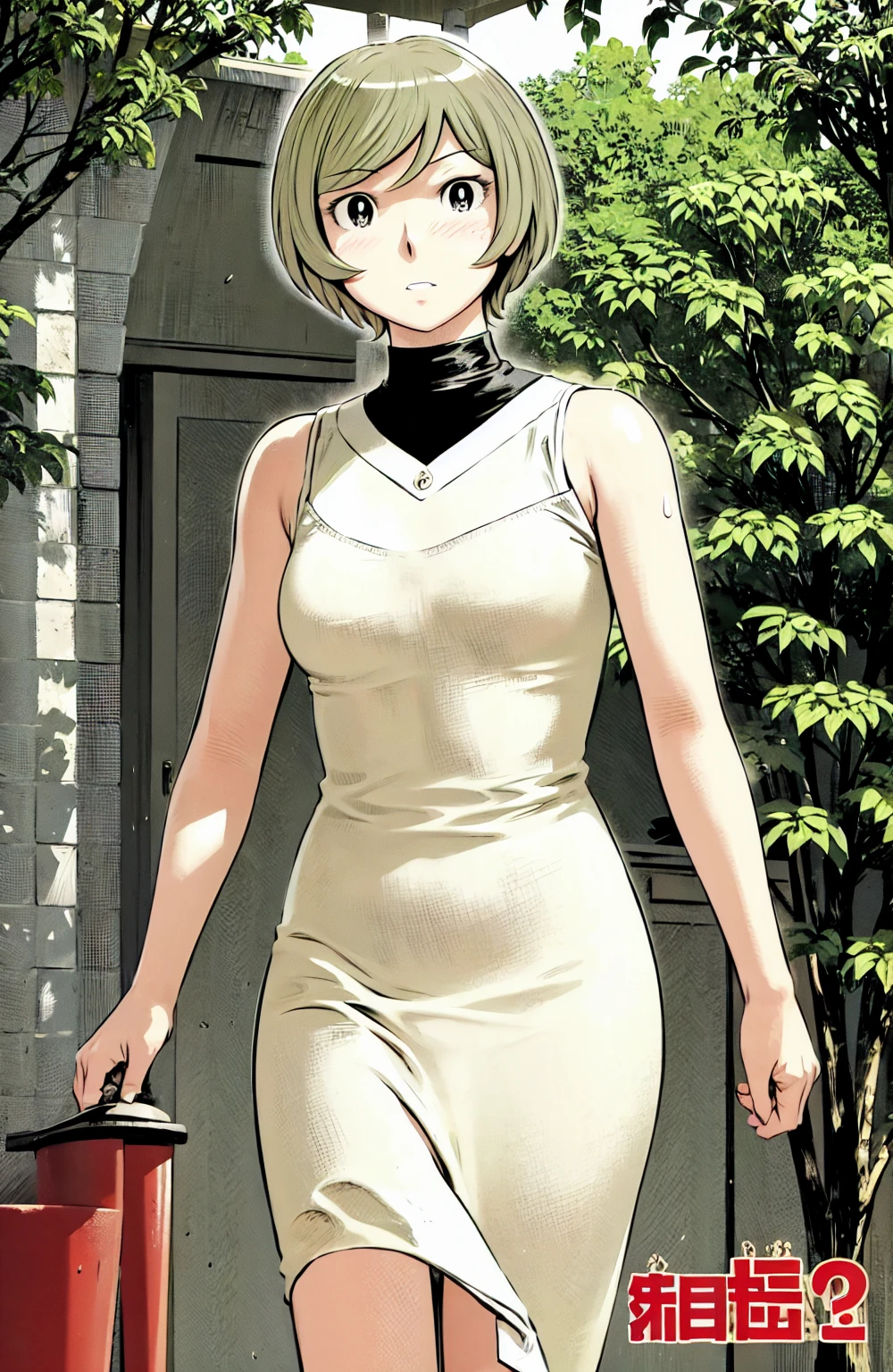 、(masterpiece、Highest quality)、Highest quality, Ultra-high resolution, (((masterpiece))), alone, Sweat、Big eyes, No sleeve、Outdoor、Floral dress、Composition from the front、(Cut the back hair short、short hair、blonde、woman)、Shortcuts、Embarrassed face、Cut your hair short、可愛いwomanの子、Big Breasts