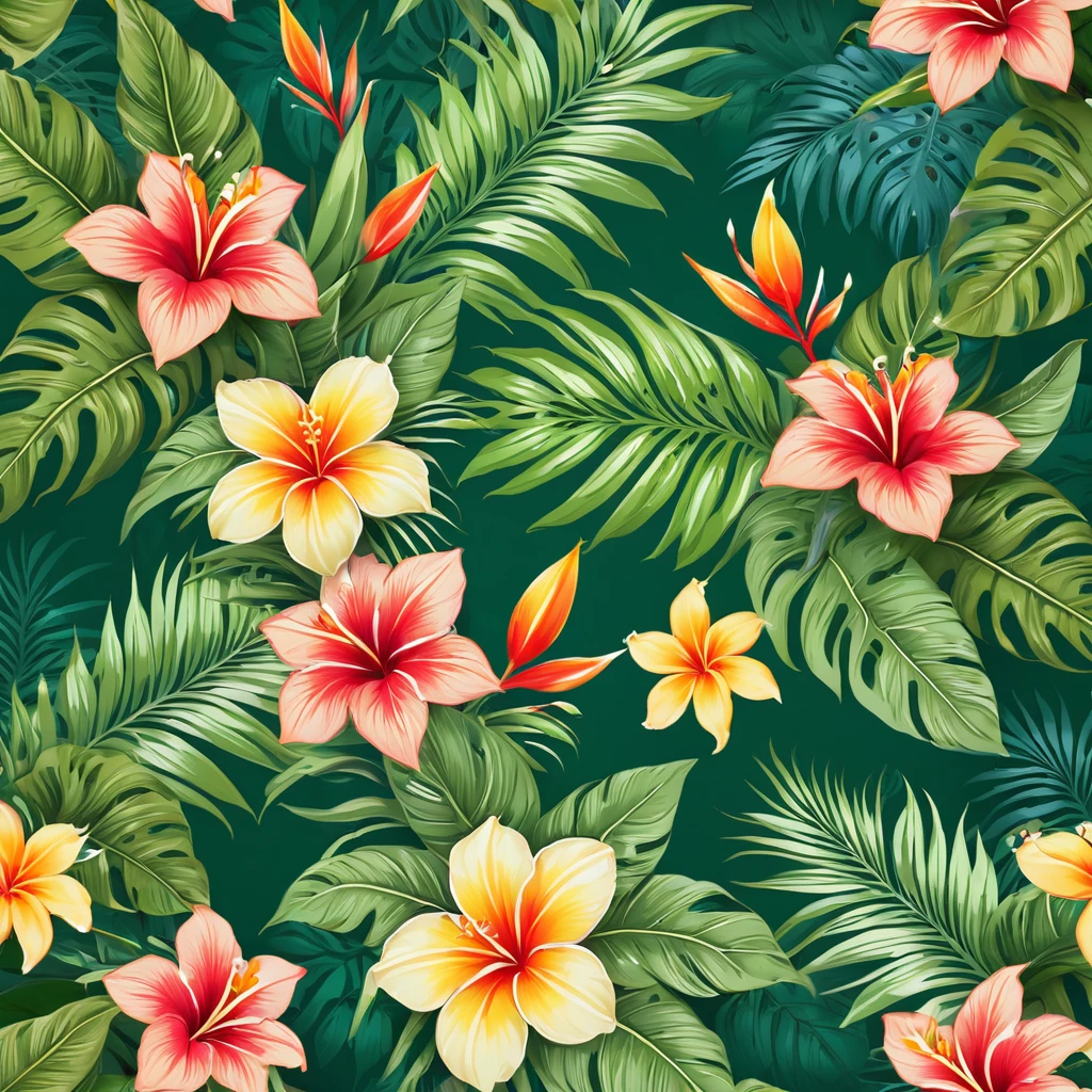 a Seamless Floral Pattern with leaves and flowers on a green background, wallpaper设计, tropical flowers, Tropical background, Floral Pattern, polynesian style, wallpaper图案, Repeating pattern. Seamless, 华丽的wallpaper, Floral Pattern, Background natural flowers, Flower background, wallpaper, 花卉wallpaper, Seamless pattern, Floral Background, blooming tropical flowers, Elegant tropical print