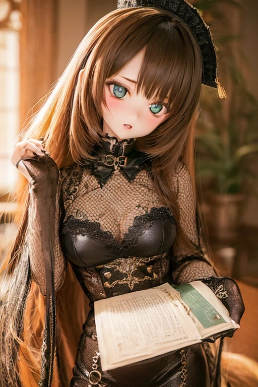 (SFW:2), photorealistic, realistic photo, ((highest quality)), ((masterpiece)), (extremely detailed), kukolnydom, doll, (mature woman, 20yo, 20 years old:1.6), solo, ((cowboy shot, dynamic pose)), (skinny, slender, slim, parted lips), green eyes, brown hair, (looking at another, gradient eyes, shining eyes, detailed eyes, detailed face:1.3), formal fashion, room, 8k