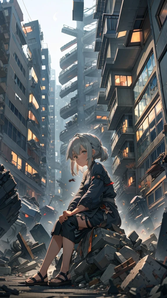 anime, A woman with long grey hair sitting on a pile of rubble, from Girls' Frontline, from Arknights, White Hair Girl, anime style like fate/Stay Night, Fine details. Girls' Frontline, Girls' Frontline style, Girls' Frontline cg, Girls' Frontline universe, Danganronpa digital art, Arknights, blonde anime girl with long hair