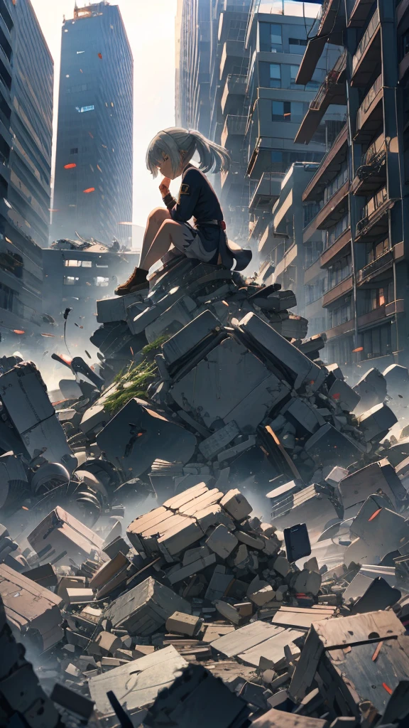 anime, A woman with long grey hair sitting on a pile of rubble, from Girls&#39; Frontline, from Arknights, White Hair Girl, anime style like fate/Stay Night, Fine details. Girls&#39; Frontline, Girls&#39; Frontline style, Girls&#39; Frontline cg, Girls&#39; Frontline universe, Danganronpa digital art, Arknights, blonde anime girl with long hair