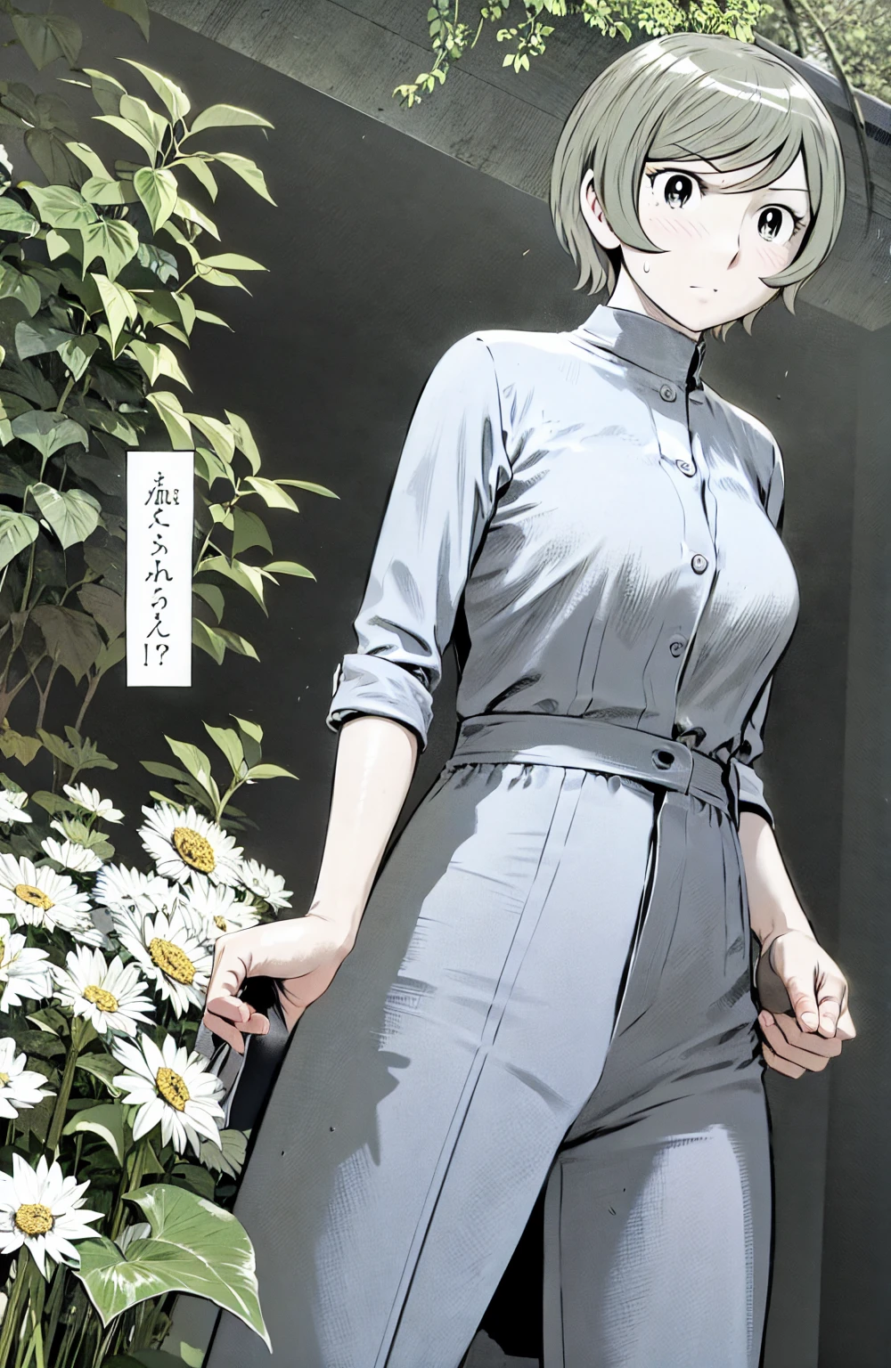 、(masterpiece、Highest quality)、Highest quality, Ultra-high resolution, (((masterpiece))), alone, Sweat、Big eyes, No sleeve、Outdoor、Floral dress、Composition from the front、(Cut the back hair short、short hair、blonde、woman)、Shortcuts、Embarrassed face、Cut your hair short、可愛いwomanの子、Big Breasts