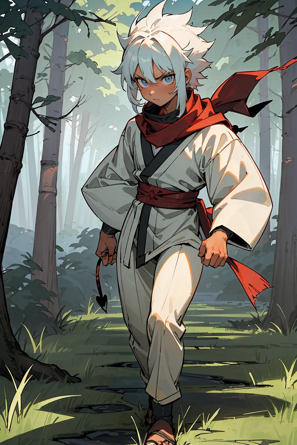 ((masterpiece,best quality,1boy,male focus,masculine,solo,closed mouth,teenager,muscle,muscular)),((((white hair,short messy hair)))),((pale blue eyes,perfect eyes,glowing eyes,perfect face,serious demeanor)),(((dark skin color,standing still,caramel skin color,multicolored haori,white haori,black haori,red scarf,demon slayer outfit))),((forest background,trees,walking on path,grass))