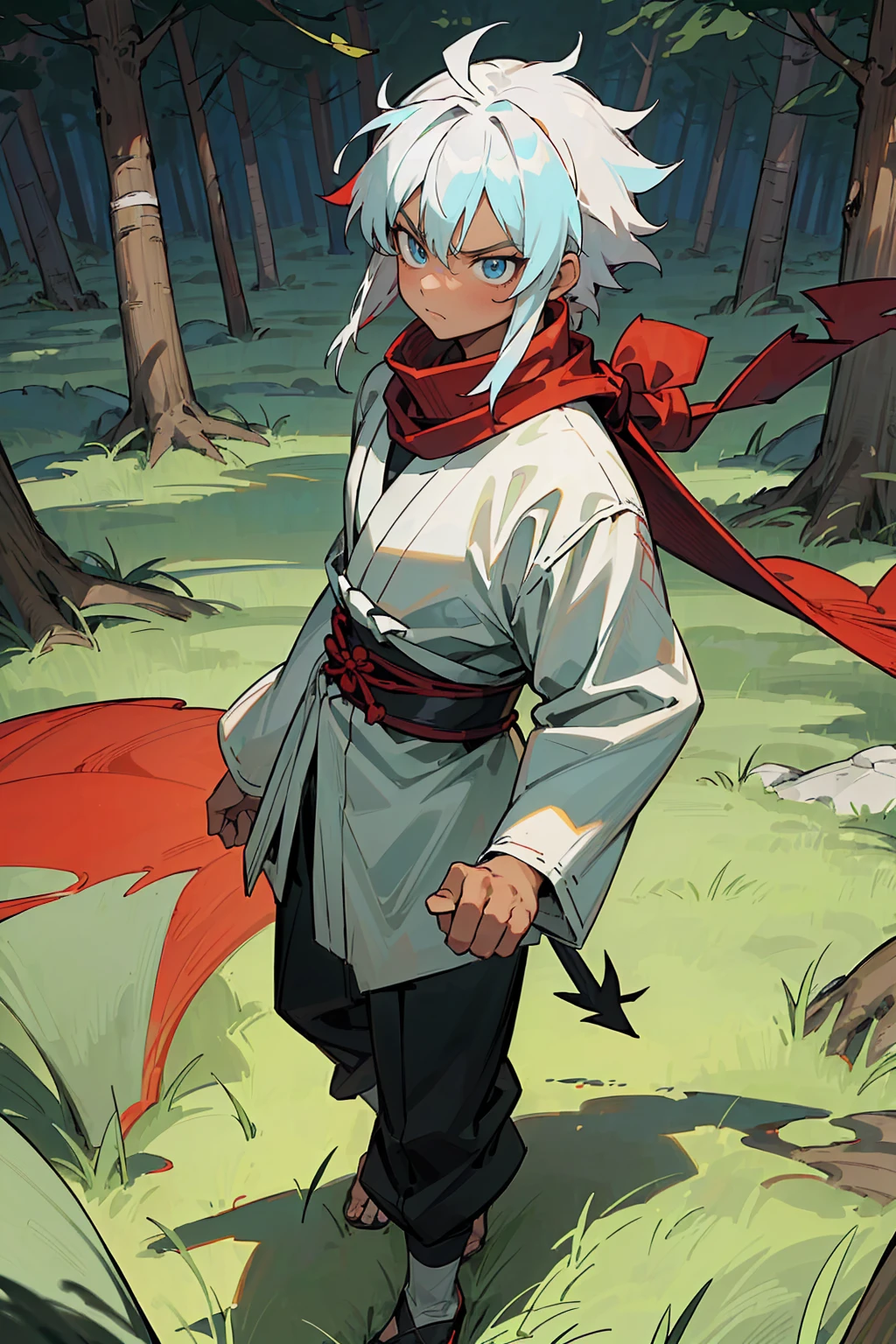 ((masterpiece,best quality,1boy,male focus,masculine,solo,closed mouth,teenager,muscle,muscular)),((((white hair,short messy hair)))),((pale blue eyes,perfect eyes,glowing eyes,perfect face,serious demeanor)),(((dark skin color,standing still,caramel skin color,multicolored haori,white haori,black haori,red scarf,demon slayer outfit))),((forest background,trees,walking on path,grass))