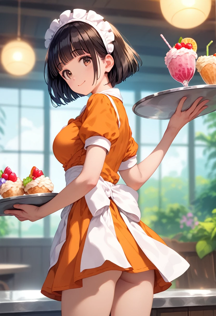 score_9,score_8_up,score_7_up,masterpiece,best quality, source anime, realistic, super detailed, extreme detailed, rating_safe,
1girl, solo, 22yo, short hair, bob cut, (blunt bangs), black hair, (tareme, detailed cute brown eyes), curled eyelashes, (large breasts:0.9),
shiny hair, beautiful detailed eyes, beautiful face,
slender, small ass, slim legs,
waitress, frilled waitress uniform, orange uniform, headdress, holding tray, Fruit parfait on tray, looking back viewer, smile, cowboy shot,
at modern cafe, Calm mood lighting
