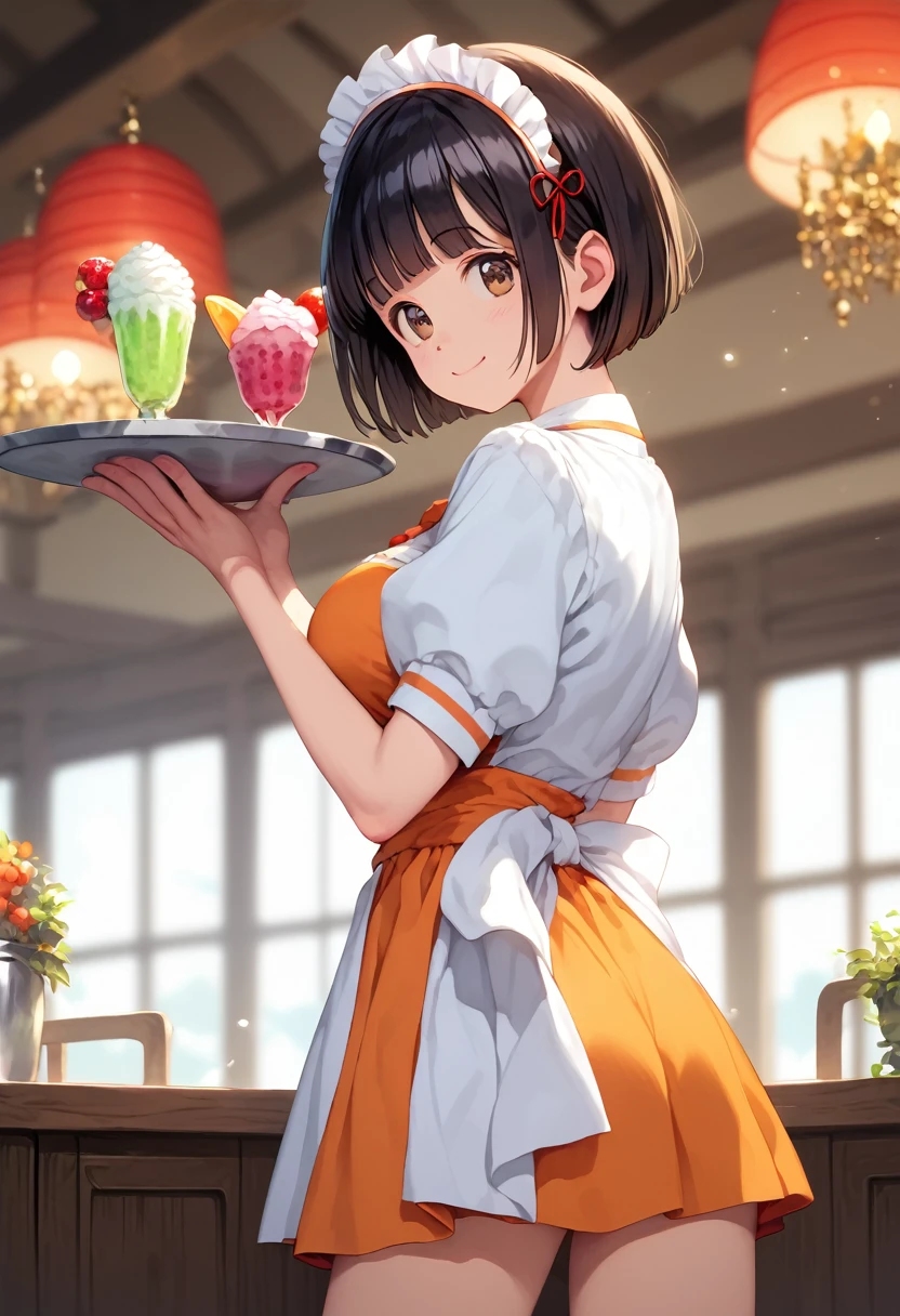 score_9,score_8_up,score_7_up,masterpiece,best quality, source anime, realistic, super detailed, extreme detailed, rating_safe,
1girl, solo, 22yo, short hair, bob cut, (blunt bangs), black hair, (tareme, detailed cute brown eyes), curled eyelashes, (large breasts:0.9),
shiny hair, beautiful detailed eyes, beautiful face,
slender, small ass, slim legs,
waitress, frilled waitress uniform, orange uniform, headdress, holding tray, Fruit parfait on tray, looking back viewer, smile, cowboy shot,
at modern cafe, Calm mood lighting
