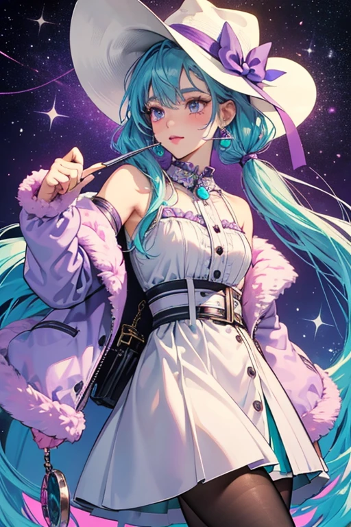 Cosmic Nova has a light skin tone and turquoise hair in bubble pigtails with pink hair ties. Details on her face include lavender eyes, squiggly blue eyebrows, purple eye shadow, purple lipstick, and pink blush. She also wears silver nail polish.
She wears a silver dress with a turquoise collar and lavender fringe along the bottom hemline. She also wears a pink fuzzy jacket, black tights with a glittery green texture, and silver cowboy boots with black buckles. On her head she wears a lavender cowboy hat with a silver band.
She wears a bolo tie with a turquoise center and black tassels, earrings that look like inverted Wi-Fi symbols, and a pink belt with silver buckle. Her purse is a silver disco ball. Her sunglasses are silver aviators with pink tinted lenses. SPARKLE; GLITTER