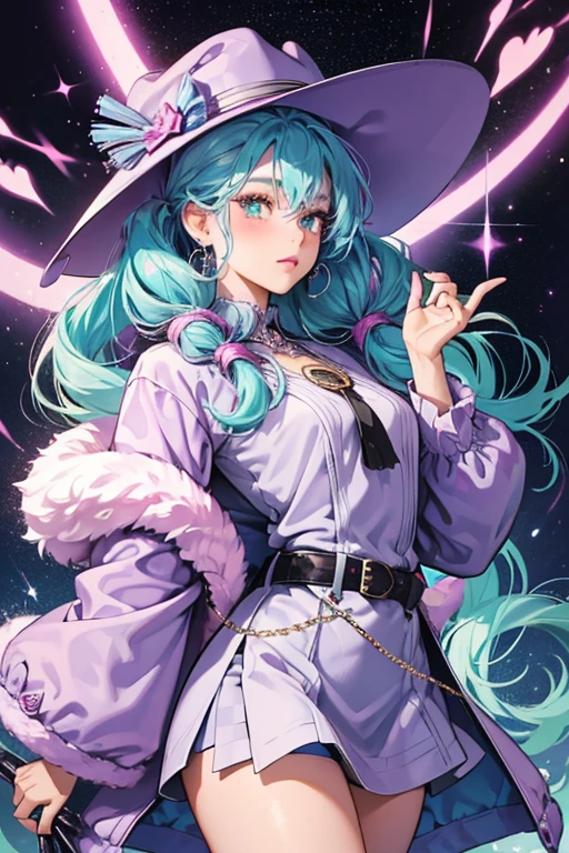 Cosmic Nova has a light skin tone and turquoise hair in bubble pigtails with pink hair ties. Details on her face include lavender eyes, squiggly blue eyebrows, purple eye shadow, purple lipstick, and pink blush. She also wears silver nail polish.
She wears a silver dress with a turquoise collar and lavender fringe along the bottom hemline. She also wears a pink fuzzy jacket, black tights with a glittery green texture, and silver cowboy boots with black buckles. On her head she wears a lavender cowboy hat with a silver band.
She wears a bolo tie with a turquoise center and black tassels, earrings that look like inverted Wi-Fi symbols, and a pink belt with silver buckle. Her purse is a silver disco ball. Her sunglasses are silver aviators with pink tinted lenses. SPARKLE; GLITTER