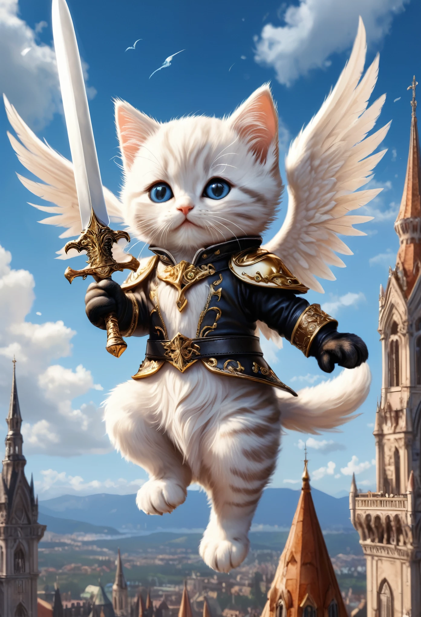 (Soft epic drawing:1.3), close-up of (cute anthropomorphic kitten angel:1.3) (holding long sharp magic blade:1.2), (long intricate robe:1.2), wide wings, (sitting on edge of modern building:1.3), colorful buildings, masterpiece in maximum 16K resolution, best quality, ultra detailed.