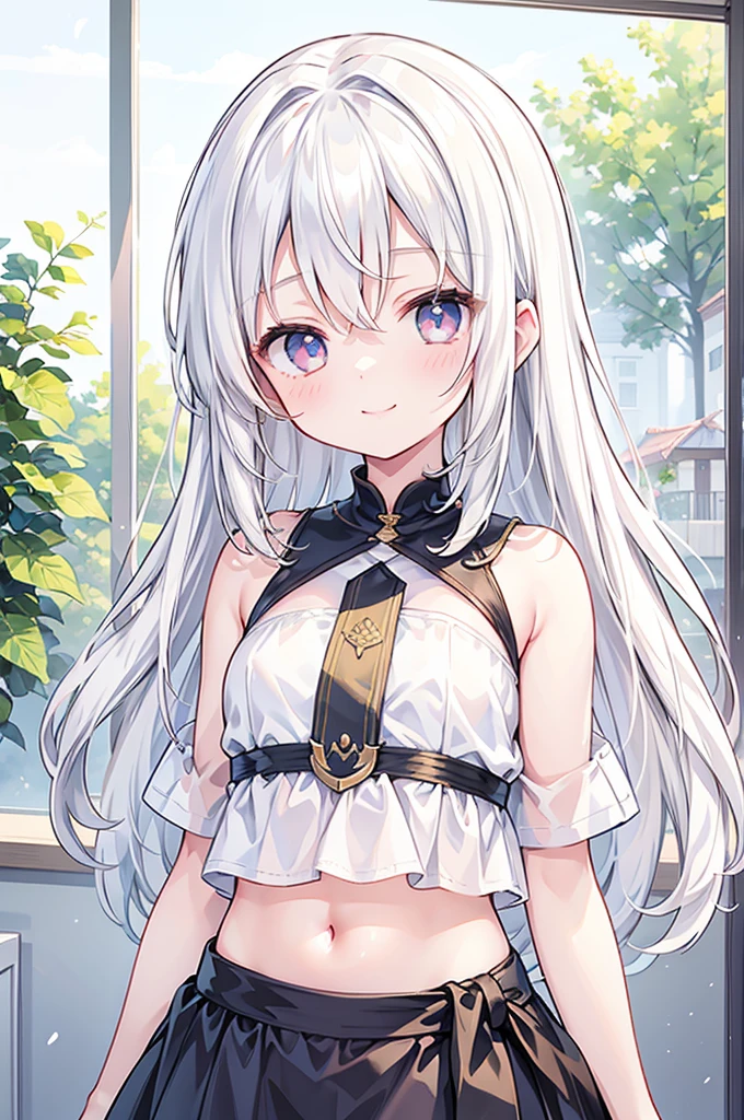 masterpiece, Highest quality, One girl, whitish eyes,center parted hair、forehead,sholder length hair、medium hair、white hair、T-Shirts,(crop top navel:0.8)、gentle smile、Very sexy、upper body,from front,Calm feeling illustration