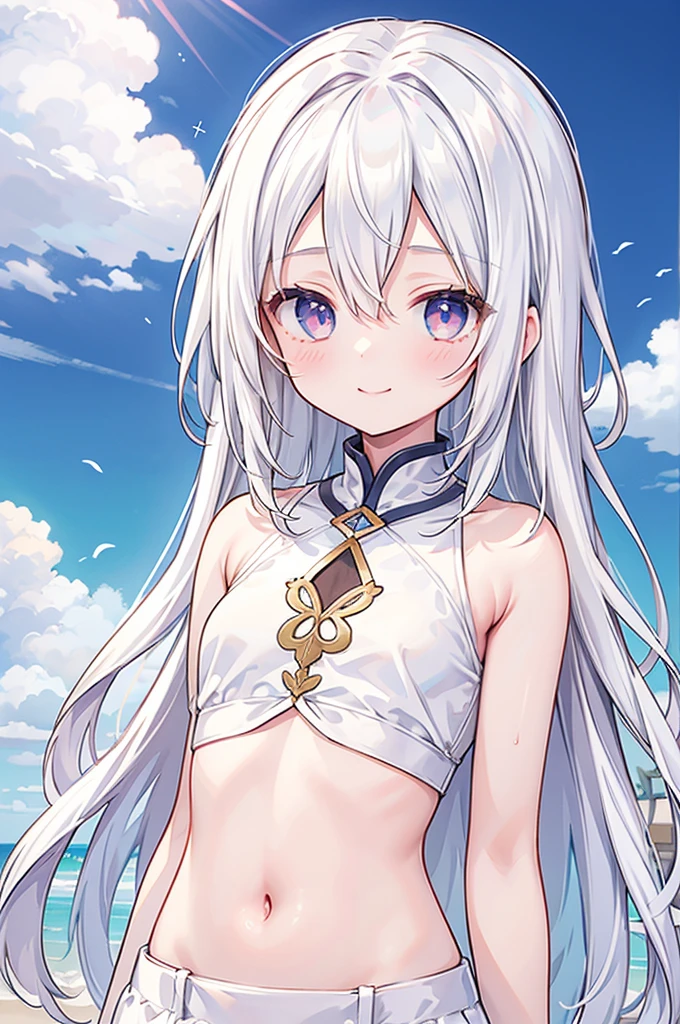 masterpiece, Highest quality, One girl, whitish eyes,center parted hair、forehead,sholder length hair、medium hair、white hair、T-Shirts,(crop top navel:0.8)、gentle smile、Very sexy、upper body,from front,Calm feeling illustration
