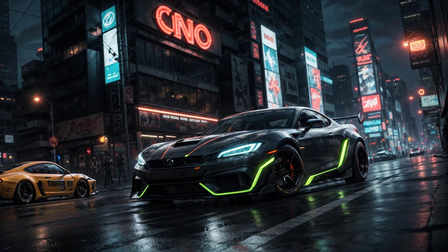 In the neon-soaked streets of a futuristic city, a heavily modified black supercar accelerates towards the viewer, Its low suspension and extended fenders give it a menacing appearance, predatory gaze. The car is armed with high-tech weapons, and its extra-wide tires grip the road with ferocious intensity. The driver is a skilled cyberpunk hacker, Fleeing authorities after a daring data theft. The car snakes through the busy city streets, neon lights passing by in a blur of colors. The scene is rendered in stunning detail, with the city&#39;s towering skyscrapers and complex infrastructure forming a breathtaking backdrop for the high-speed chase. The overall aesthetic is gritty, cyberpunk emotions, like a scene from a sci-fi action movie.