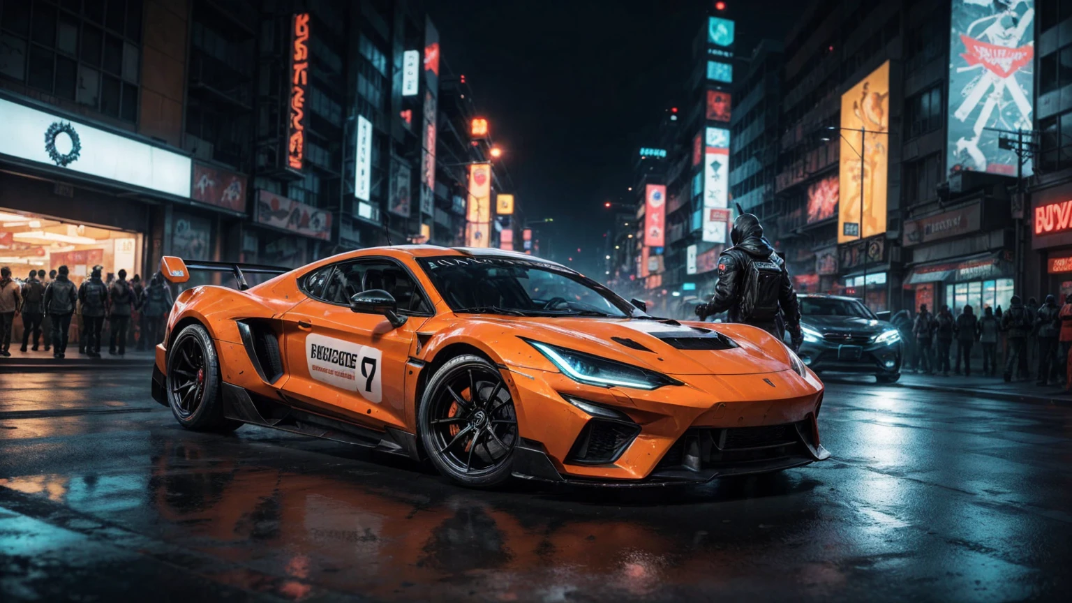 In the neon-soaked streets of a futuristic city, a heavily modified black supercar accelerates towards the viewer, Its low suspension and extended fenders give it a menacing appearance, predatory gaze. The car is armed with high-tech weapons, and its extra-wide tires grip the road with ferocious intensity. The driver is a skilled cyberpunk hacker, Fleeing authorities after a daring data theft. The car snakes through the busy city streets, neon lights passing by in a blur of colors. The scene is rendered in stunning detail, with the city's towering skyscrapers and complex infrastructure forming a breathtaking backdrop for the high-speed chase. The overall aesthetic is gritty, cyberpunk emotions, like a scene from a sci-fi action movie.