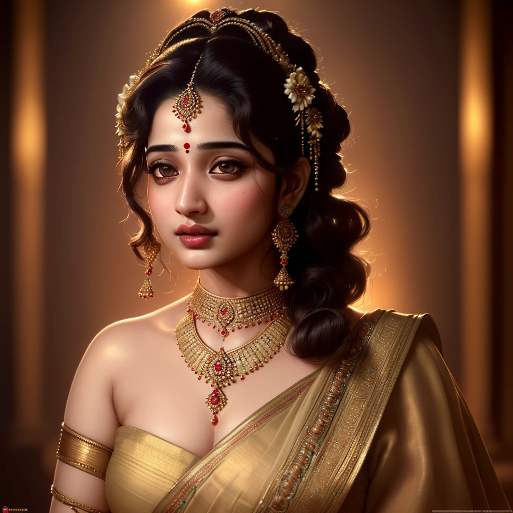 a beautiful young woman,tamanna bhatia,photorealistic portrait,detailed face,mesmerizing eyes,full lips,flowing hair,elegant dress,confident pose,cinematic lighting,vibrant colors,8k resolution,highly detailed,masterpiece,cinematic style,bollywood actress