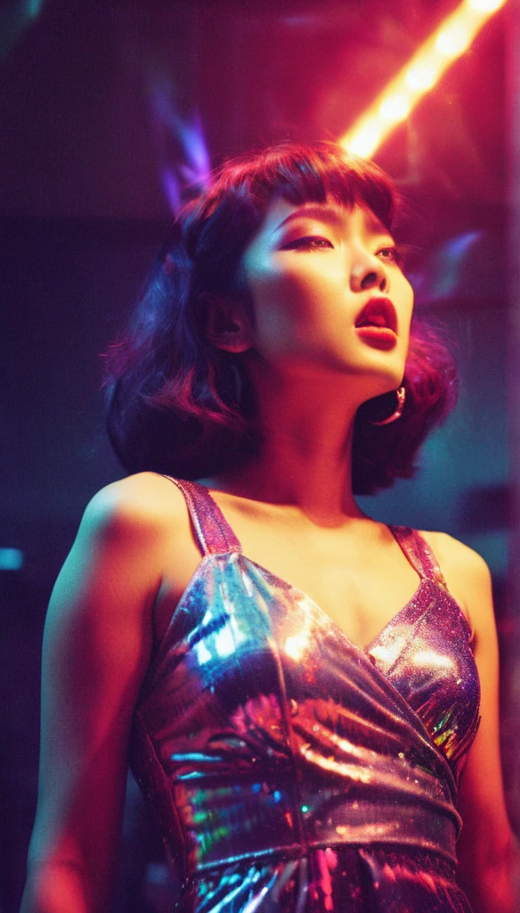 fashion photoshoot, shot by Ellen Von Unwerth, lomography, starburst filter, grainy film, torso shot of a stunning Korean woman with a hungry expression with fabulous makeup, gliterring mini dress, light leaks, colorful lights, psychedelic, a hologram, holography, monotones, blown out, high quality, 4k, 8k, masterpiece, two tone cinematic lighting