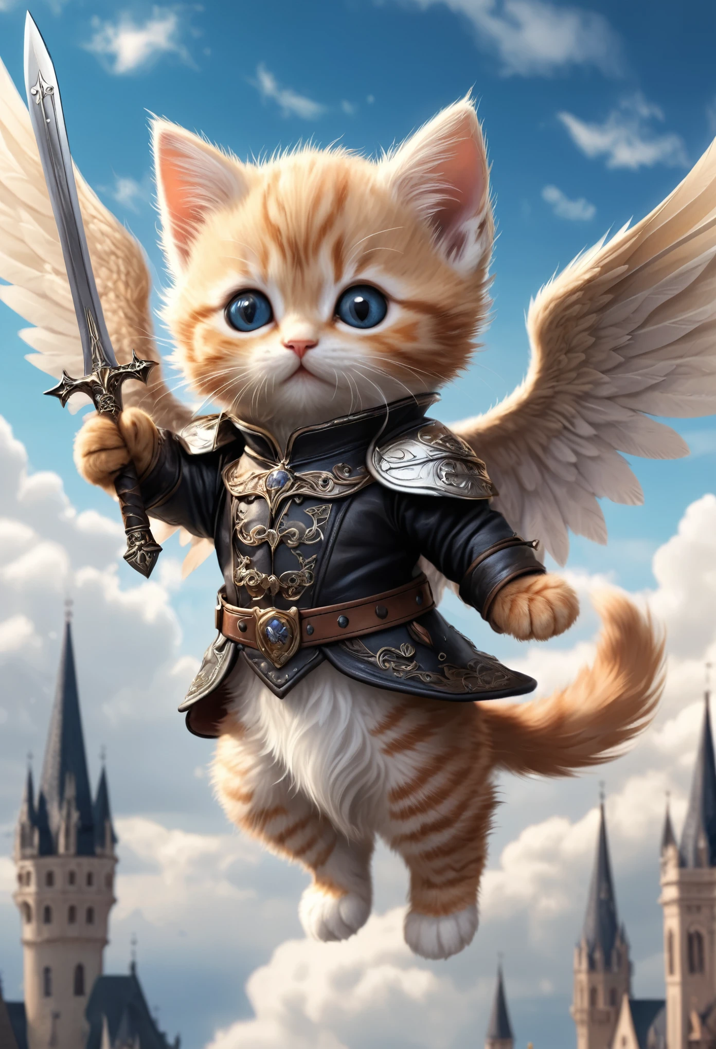 (Soft epic drawing:1.3), close-up of (cute anthropomorphic kitten angel:1.3) (holding long sharp magic blade:1.2), (long intricate robe:1.2), wide wings, (sitting on edge of modern building:1.3), colorful buildings, masterpiece in maximum 16K resolution, best quality, ultra detailed.