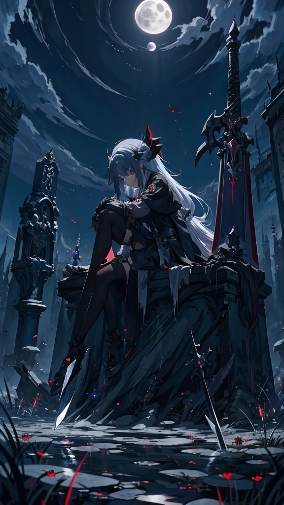 Anime girl sitting on a grave with a sword and a full moon in the background, Jan J, Alucard, vampireの少女, Ross Tran style, Gap Moe Yandere Grimdark, vampire, by Shimo, Ross Tran!!!, Castlevania Witch, ! Dream Art Germ, artstation pixivでトレンド, By Yoshihiko Wada