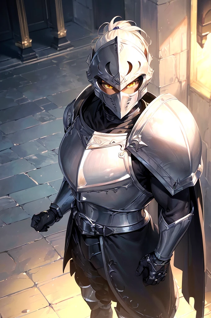 (masterpiece; best quality: 1.2), (finely detailed eyes: 1.3), ((full armored knight man)), ((solo)), (yellow eyes: 1.4), (body; muscular, lean, masculine: 1.3), (beautiful and clear background: 1.2), ((depth of field)), (equipment: all-black full plate medieval armor + closed helmet with white ponytail + long black cape: 1.3), (anime illustration: 1.2), (background composition; fantasy castle corridor + furniture: 1.1), (extremely fine and handsome: 1.1), (shot composition; standing + centered on torso + close-up: 1.5), (expression; calm, stoic: 1.2)