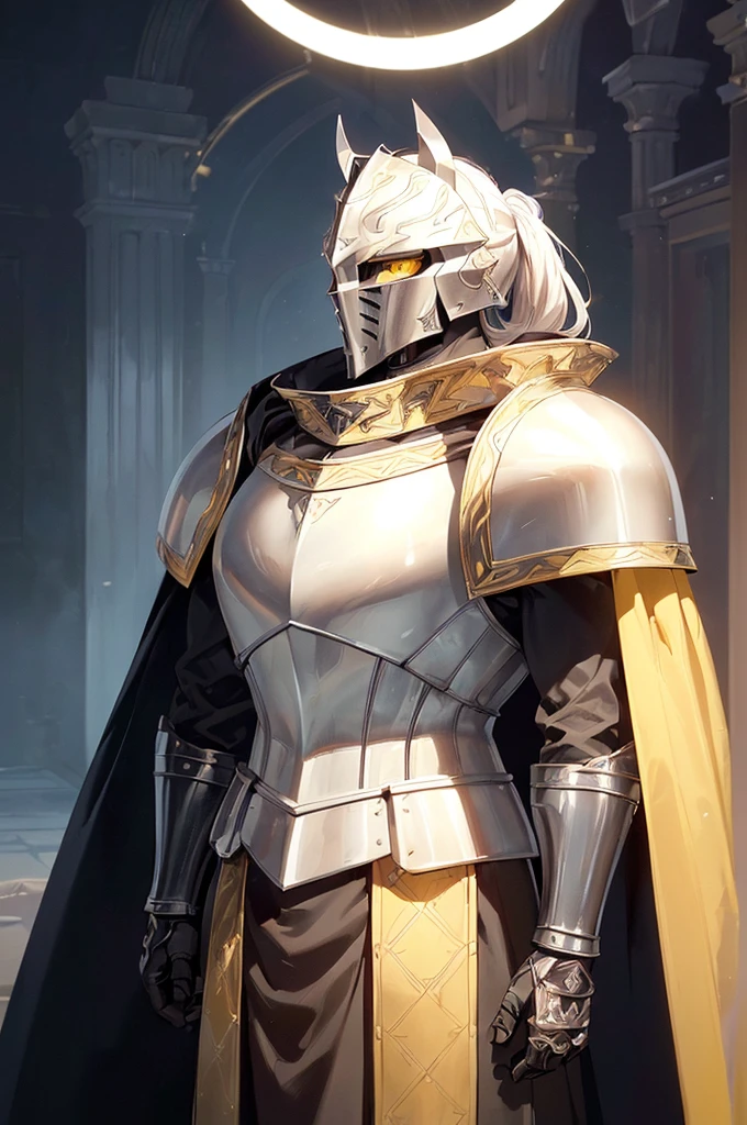 (masterpiece; best quality: 1.2), (finely detailed eyes: 1.3), ((full armored knight man)), ((solo)), (yellow eyes: 1.4), (body; muscular, lean, masculine: 1.3), (beautiful and clear background: 1.2), ((depth of field)), (equipment: all-black full plate medieval armor + closed helmet with white ponytail + long black cape: 1.3), (anime illustration: 1.2), (background composition; fantasy castle corridor + furniture: 1.1), (extremely fine and handsome: 1.1), (shot composition; standing + centered on torso + close-up: 1.5), (expression; calm, stoic: 1.2)
