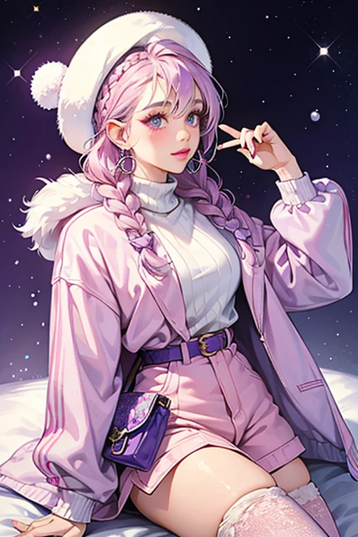 Snowlicious has a medium skin tone and periwinkle hair styled into braids. Details on her face include periwinkle eyes, light pink eye shadow, light pink lipstick, and pink blush. She also wears light pink nail polish.

She wears a pink turtleneck sweater with a cutout detail and glittery silver jeans. She also wears a white fuzzy parka, a matching white fuzzy hat, and lavender boots.

Her accessories include a strappy purple belt with a white buckle that wraps around her left thigh, and has a blue pouch attached to it. She also wears silver hoop earrings and a purple backpack. Her sunglasses are pink and translucent. SPARKLE; GLITTER