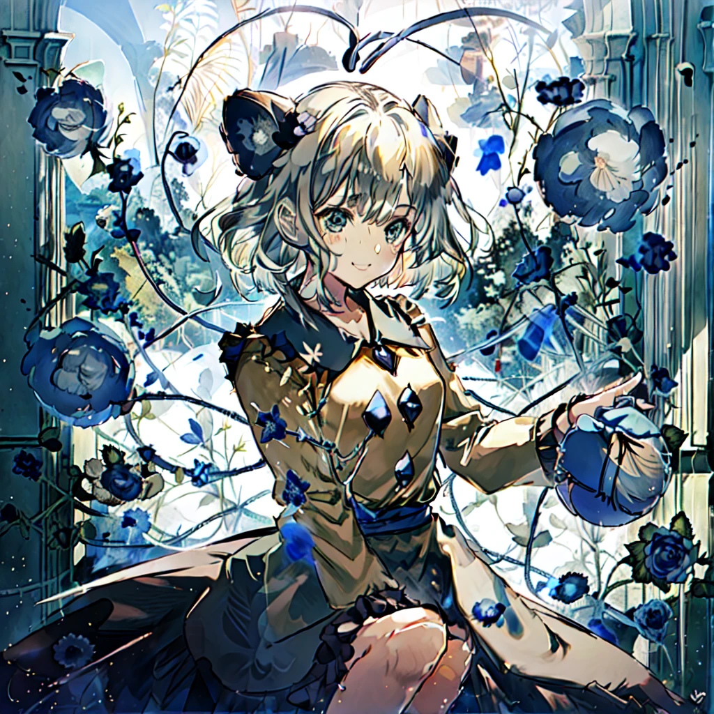 masterpiece, Top quality, best quality, Official Art, 美丽而have审美,
1 Girl, Solitary, Pebble, have, blue flower, blue Rose, bow, Long sleeve, flower, letterbox, Rose, Looking at the audience, shirt, have bow, Smile, Black headdress, yellow shirt, Upper Body, Heart, short hair, Ruffles, Heart of string, Ribbon, Bangs, have Ribbon,
Extremely detailed,The most detailed, Optical Hybrid, Playful patterns, Vivid texture, Unique visual effects,