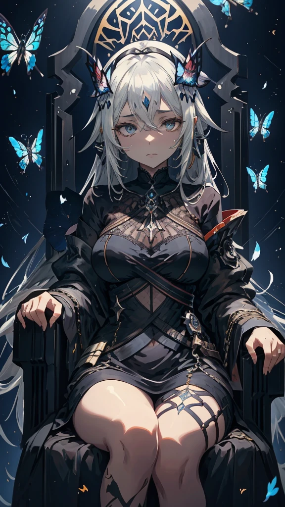 Arabic style portrait of a woman sitting on a chair holding a bunch of butterflies, Gwaiz, artwork in the style of Gwaiz, Gwaiz on pixiv artstation, Gwaiz on artstation pixiv, Gwaiz masterpiece, From Arknights, Jan J, Gothic Maiden Anime Girl, By Ye Shin, White-haired God