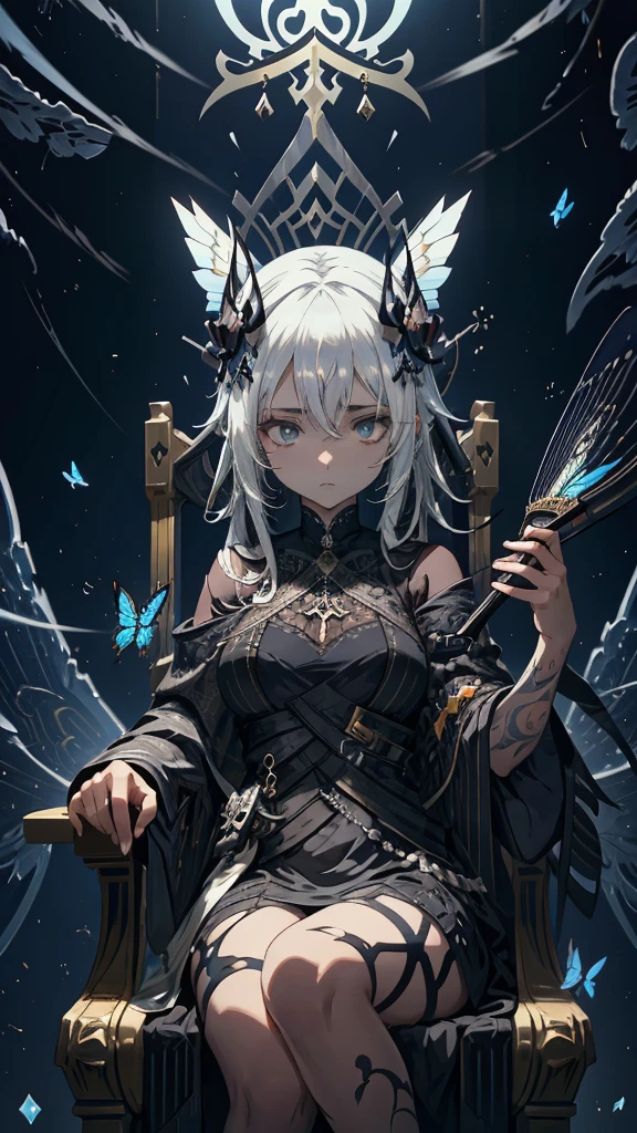 Arabic style portrait of a woman sitting on a chair holding a bunch of butterflies, Gwaiz, artwork in the style of Gwaiz, Gwaiz on pixiv artstation, Gwaiz on artstation pixiv, Gwaiz masterpiece, From Arknights, Jan J, Gothic Maiden Anime Girl, By Ye Shin, White-haired God