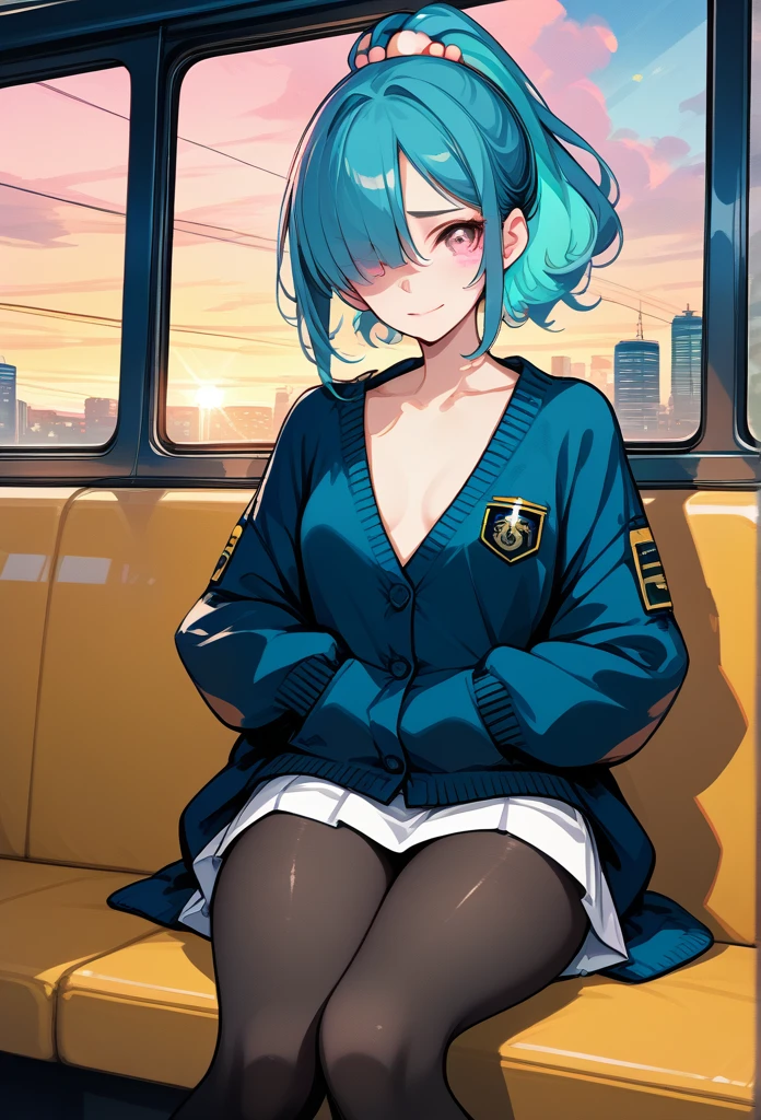 mature woman, mature face, pink eyes, shy expression, shy face, nervous smile, glossy lips, ponytail hair, (blue hair color, pink gradient hair color, azure color hair), bangs covering left eye, left blinding bangs hairstyle, mature body, small breasts, dark blue cardigan, short skirt, navy color skirt, pantyhose, sitting in train, bullet train, tokyo through windows, window seat