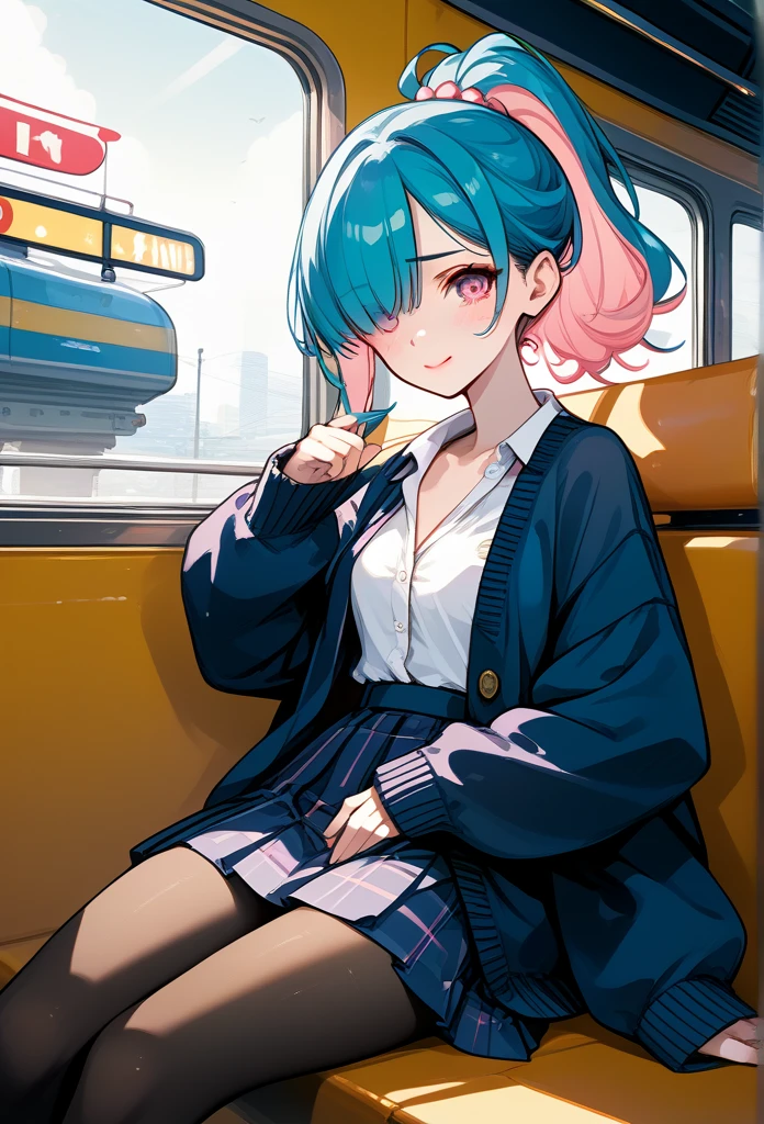 mature woman, mature face, pink eyes, shy expression, shy face, nervous smile, glossy lips, ponytail hair, (blue hair color, pink gradient hair color, azure color hair), bangs covering left eye, left blinding bangs hairstyle, mature body, small breasts, dark blue cardigan, short skirt, navy color skirt, pantyhose, sitting in train, bullet train, tokyo through windows, window seat