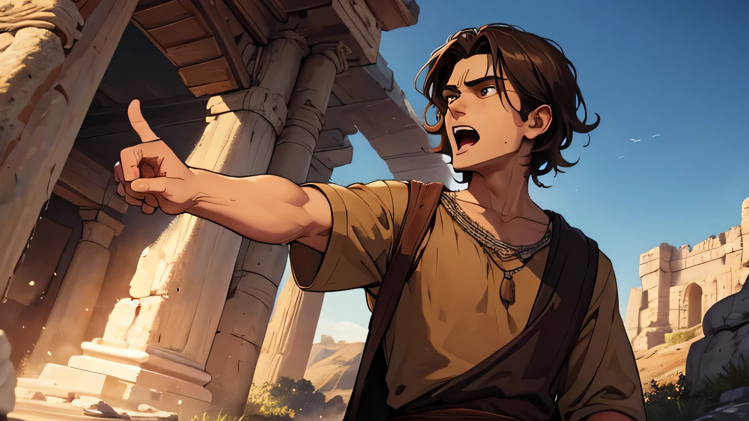 Prophet Joel, young man with short dark brown hair, and ancient poor man's clothing from the 1st century BC, dark brown, light brown eyes, 25 years old, shouting at the people on the hill of Israel from the 4th BC, detailed eyes