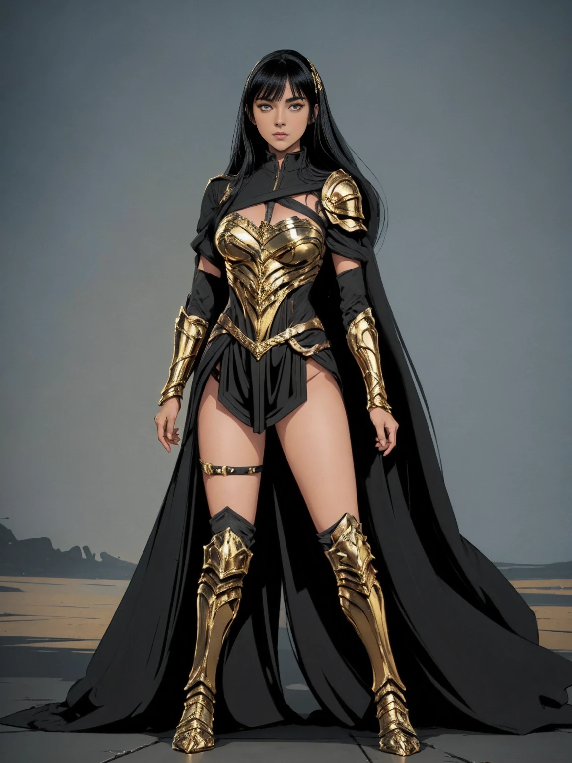 ((Full body photo,standing, feet on the ground)) Yara_flor DC, A black-haired warrior girl with yellow eyes wearing black and gold Yara Flor armor