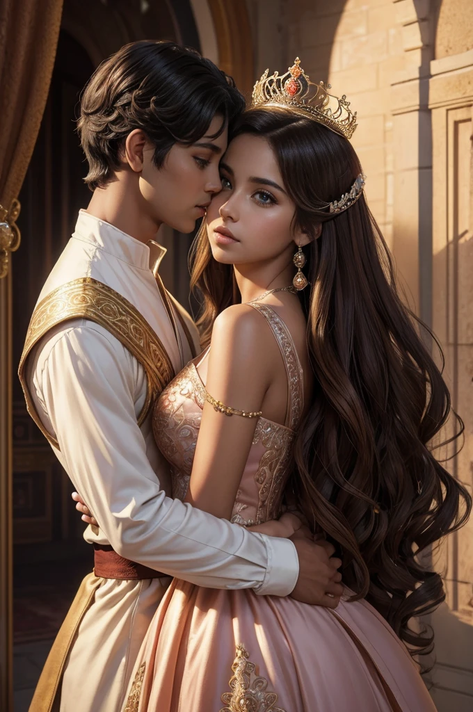 full body, fantasy illustration of a tanned Latina princess with brown eyes, princess in peach dress, princess wearing peach colored, princess has brown eyes, prince has hazel-green eyes, prince with hazel-green eyes, princess with black hair, black-haired princess, prince wearing red, prince with light brown hair, ethereal, detailed background, highres, romantic, realism, love, intricate details, magical atmosphere, kissing, romantic couple, fantasy, elegant, royal