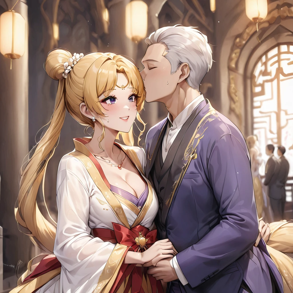 ((Highest quality)), ((masterpiece)), (detailed), (Perfect Face)、The woman is wearing a red wedding dress made of gold embroidered Hanfu fabric in a luxurious Chinese church. She is embracing a middle-aged Chinese man in Hanfu and kissing him in a vow to get married. The man and woman are both wearing engagement rings.、The woman has a gorgeous hairstyle and wears gorgeous jewellery.、The woman is the elegant Tsukino Usagi, with long blonde hair in a chignon twin tail.、A man is dressed in a Hanfu groom costume and is having a wedding with a woman