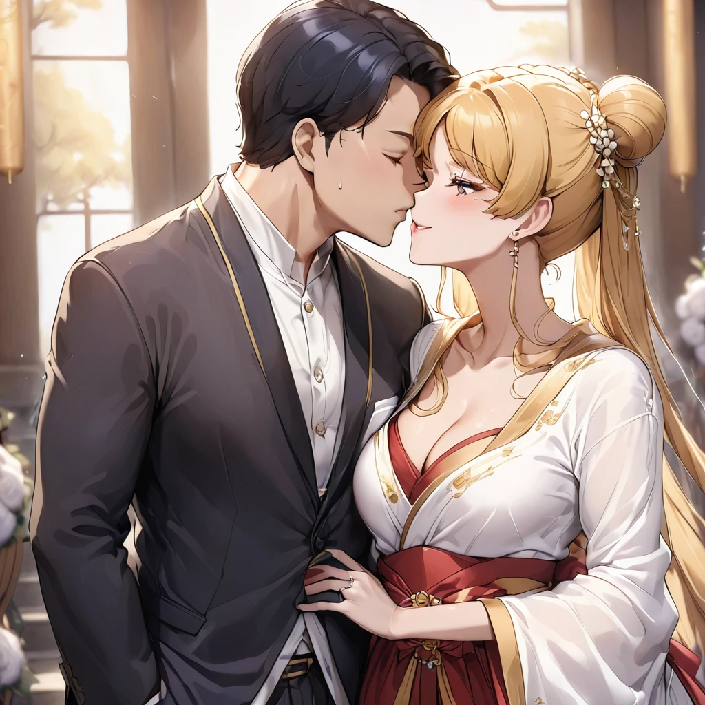 ((Highest quality)), ((masterpiece)), (detailed), (Perfect Face)、The woman is wearing a red wedding dress made of gold embroidered Hanfu fabric in a luxurious Chinese church. She is embracing a middle-aged Chinese man in Hanfu and kissing him in a vow to get married. The man and woman are both wearing engagement rings.、The woman has a gorgeous hairstyle and wears gorgeous jewellery.、The woman is the elegant Tsukino Usagi, with long blonde hair in a chignon twin tail.、A man is dressed in a Hanfu groom costume and is having a wedding with a woman
