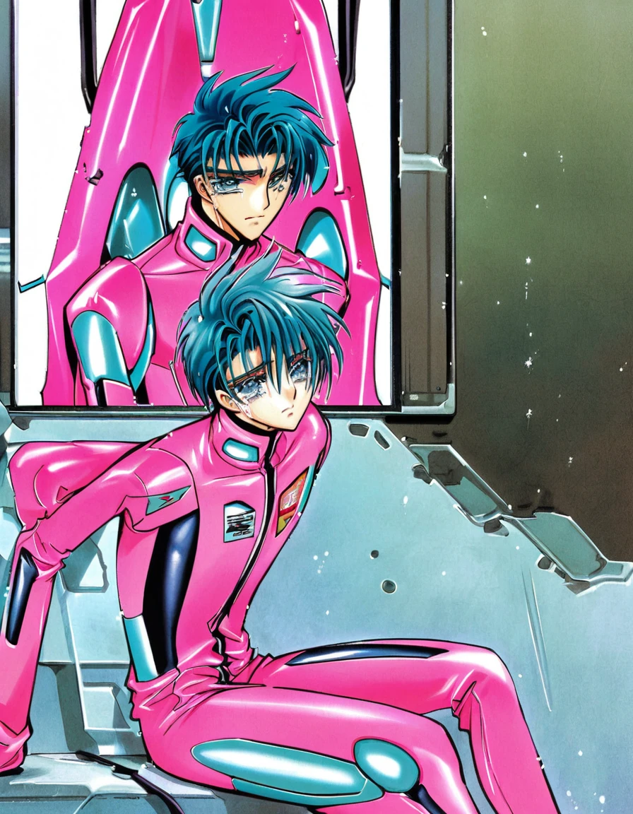Anime version of a man sitting looking at the window with tears in his eyes, turquoise hair, futuristic sports pink clothing, detailed,8d