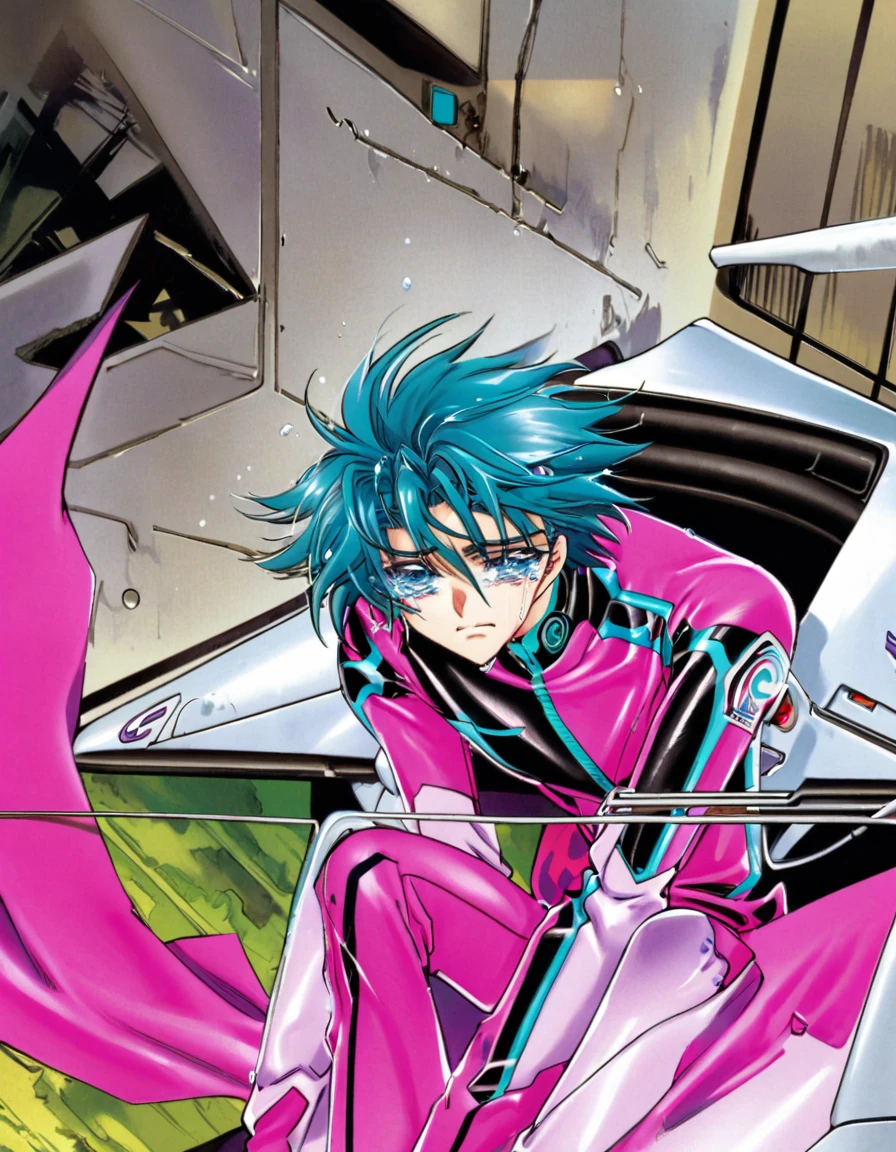 Anime version of a man sitting looking at the window with tears in his eyes, turquoise hair, futuristic sports pink clothing, detailed,8d 