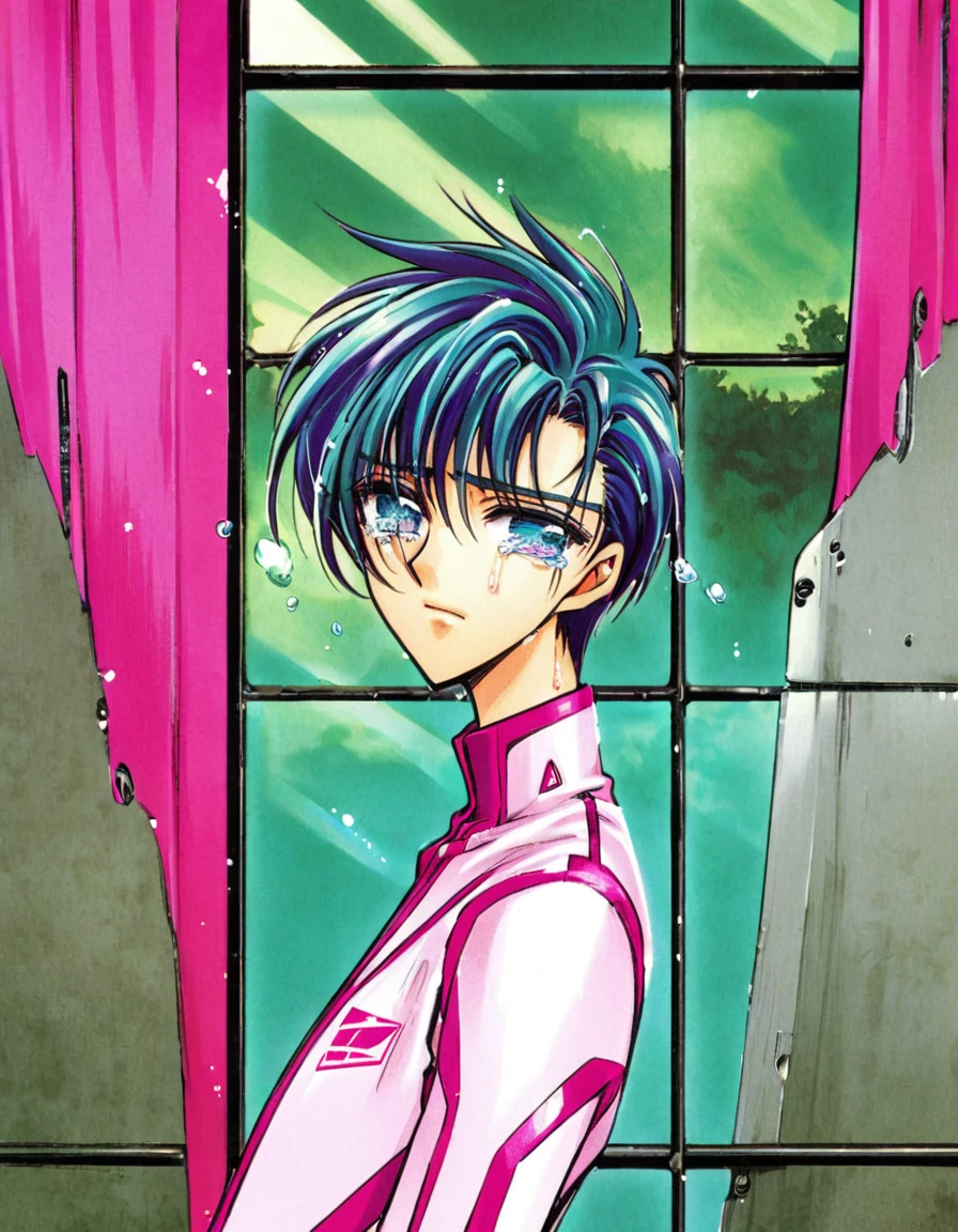 Anime version of a man sitting looking at the window with tears in his eyes, turquoise hair, futuristic sports pink clothing, detailed,8d 