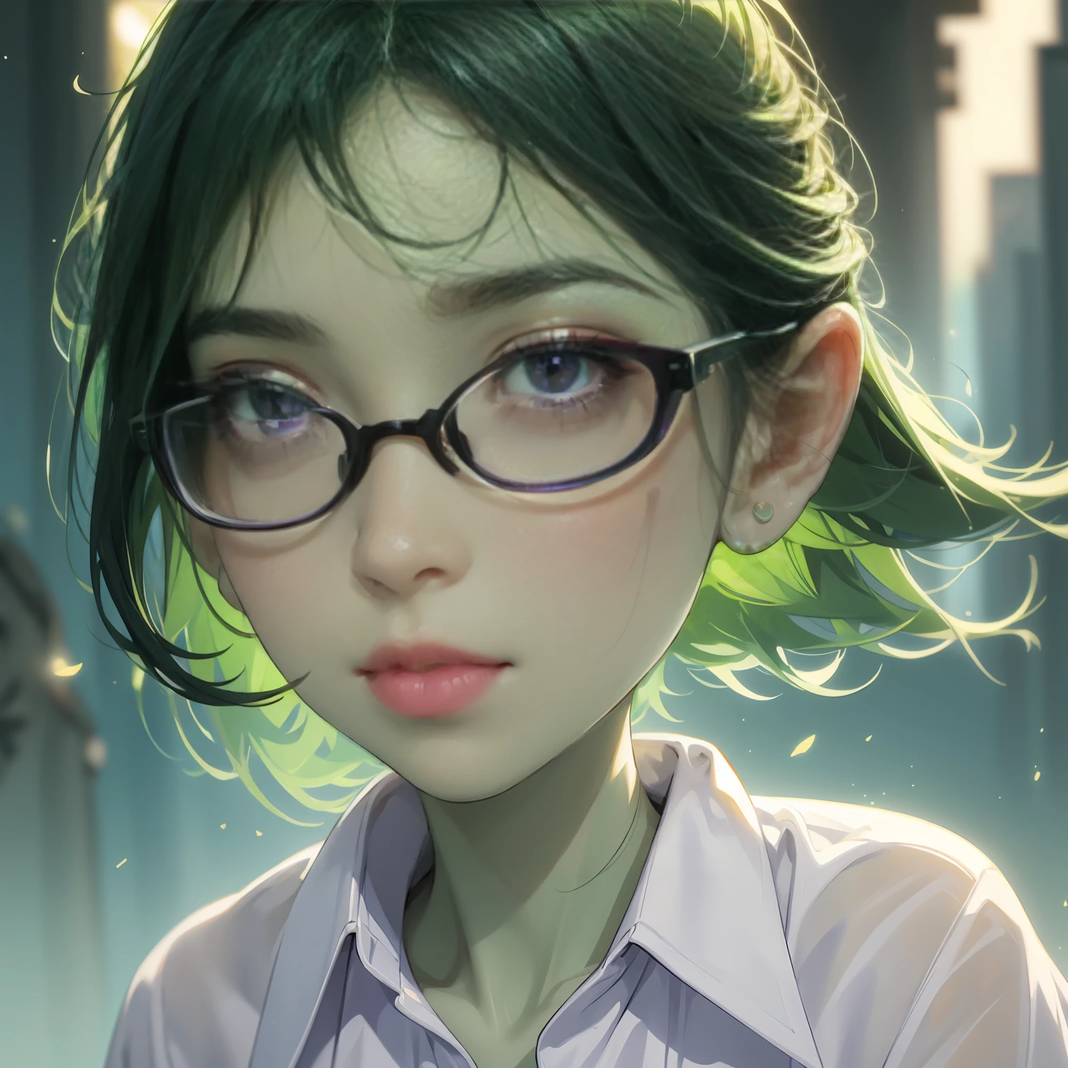 ((best quality)), ((masterpiece)), (detailed), perfect face, beauty headshot of a 3 foot tall girl wearing white button down shirt, green skin, pointy ears, very shy, wearing black rimmed glasses, short dark green hair, dynamic lighting, purple eyes, detailed eyes, focus on eyes, beautiful, glamourous
