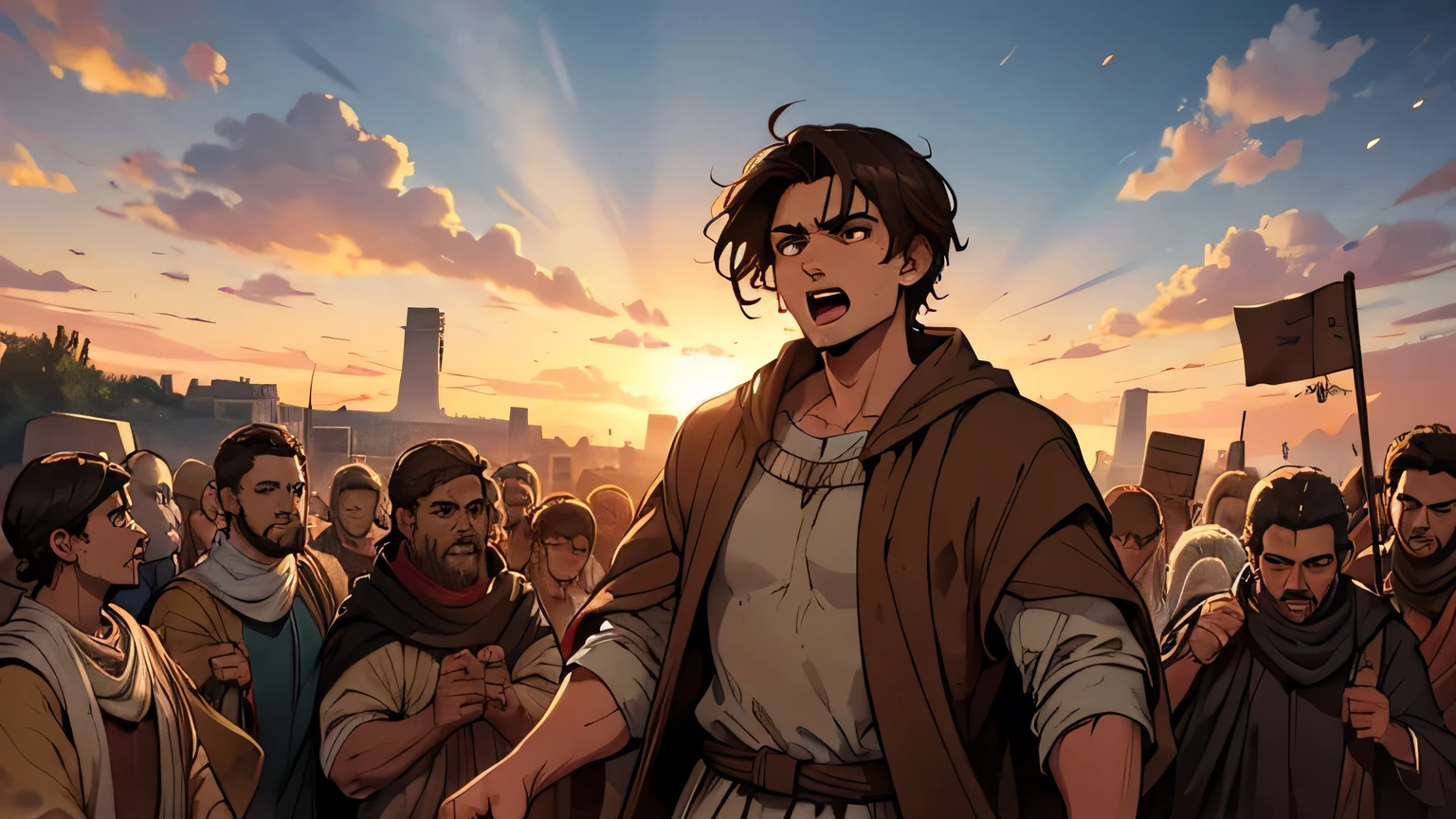 Prophet Joel, young man with short dark brown hair, and ancient poor man's clothing from the 1st century BC, dark brown, light brown eyes, 25 years old, shouting at the people on the hill of Israel from the 4th BC, detailed eyes