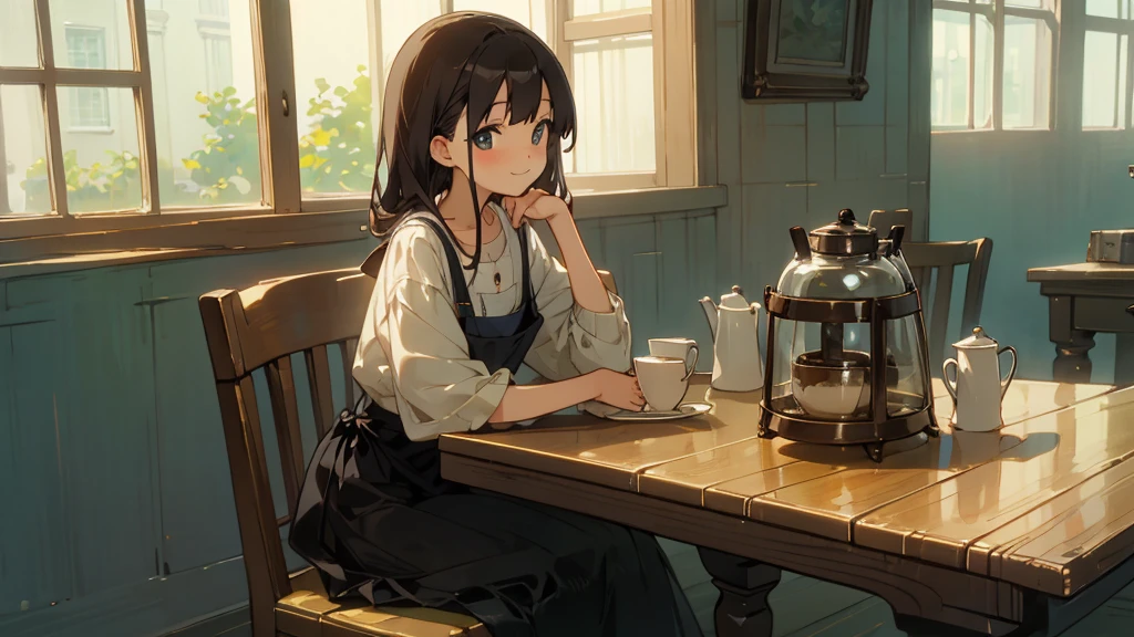 Stylish cafe、Anime Style、Freshly Brewed Coffee、Delicious looking baked goods、Relaxed atmosphere、Cozy atmosphere、Beautiful girl with dark hair sitting and drinking coffee、Wearing a dress、smile、Warm Light、avert your eyes、Ghibli style
