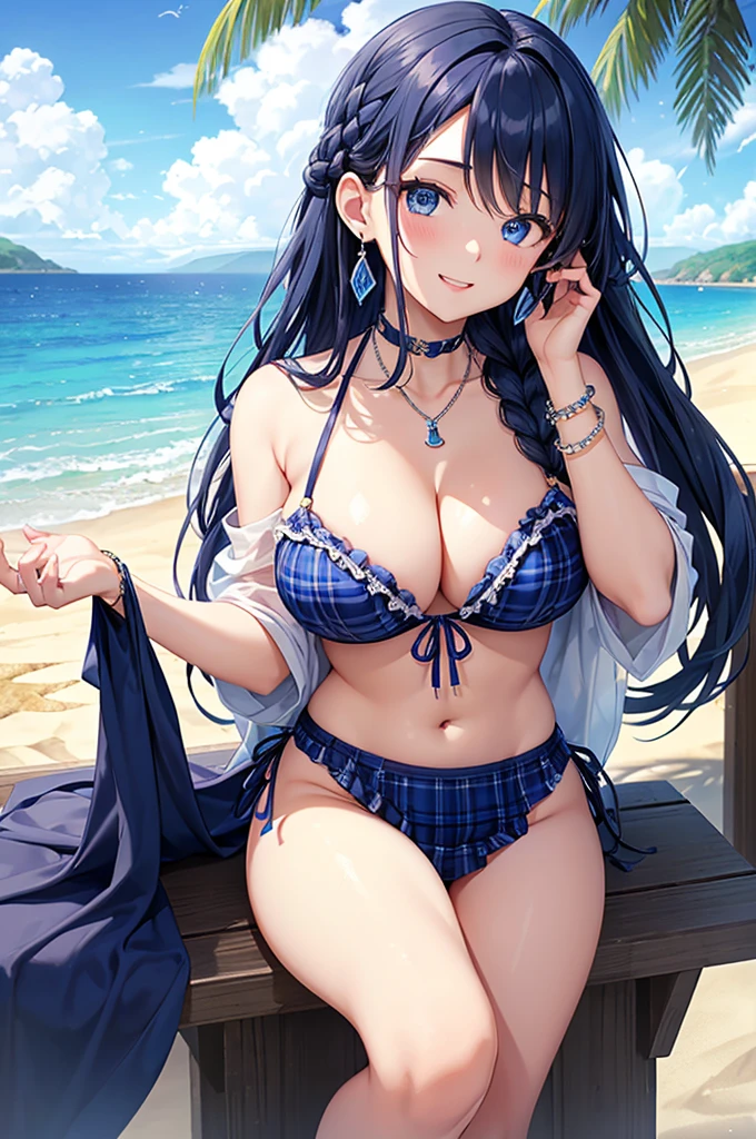 Highest quality、Highest quality、masterpiece、(8K),beauty(Age 25)、Navy blue long hair(Braiding of sides)、blue eyes、Sexy Bikini(Plaid)、Big cleavage、(Big Breasts)、smile、blue necklace、Blue Earrings、background(Beach)、Please open your mouth wide、bracelet、Arch Pose、Blue choker