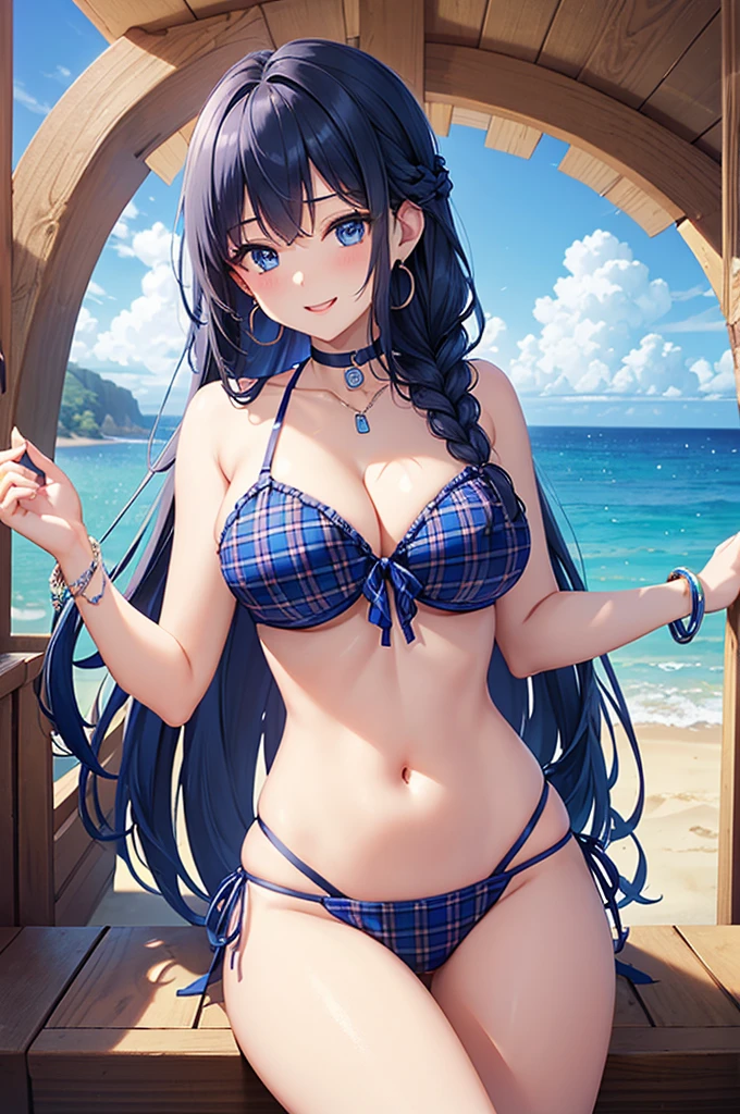 Highest quality、Highest quality、masterpiece、(8K),beauty(Age 25)、Navy blue long hair(Braiding of sides)、blue eyes、Sexy Bikini(Plaid)、Big cleavage、(Big Breasts)、smile、blue necklace、Blue Earrings、background(Beach)、Please open your mouth wide、bracelet、Arch Pose、Blue choker