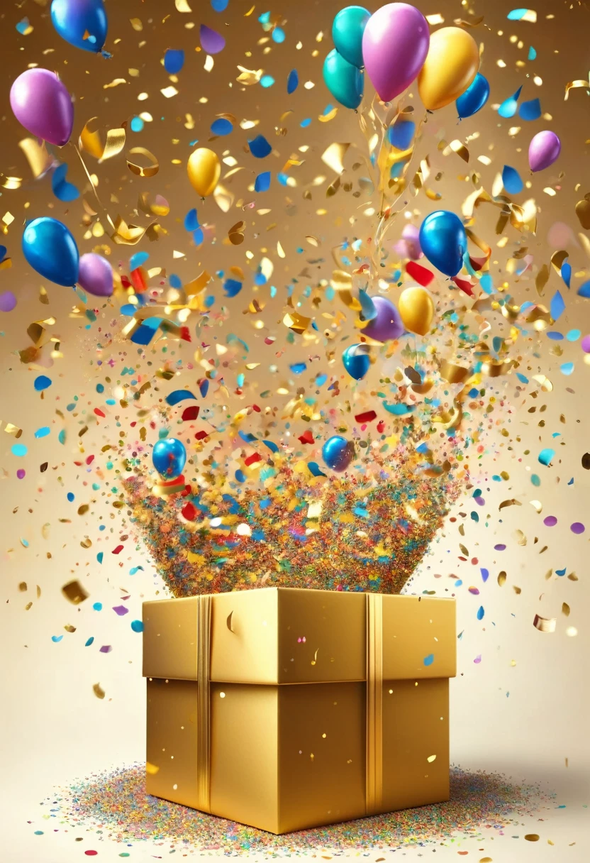 (Confetti shot from a huge golden gift box),(Lots and lots of colorful confetti flying around),in the style of Christian Schloe, Beautiful Details,Long range shooting,all-body,angle of elevation