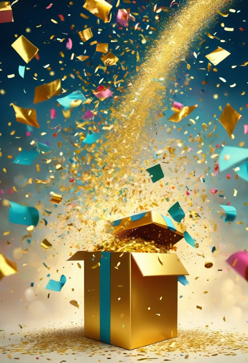 (Confetti shot from a huge golden gift box），（Lots and lots of colorful confetti flying around），in the style of Christian Schloe, Beautiful Details，Long range shooting，all-body，angle of elevation