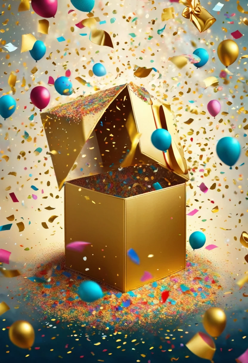 (Confetti shot from a huge golden gift box),(Lots and lots of colorful confetti flying around),in the style of Christian Schloe, Beautiful Details,Long range shooting,all-body,angle of elevation