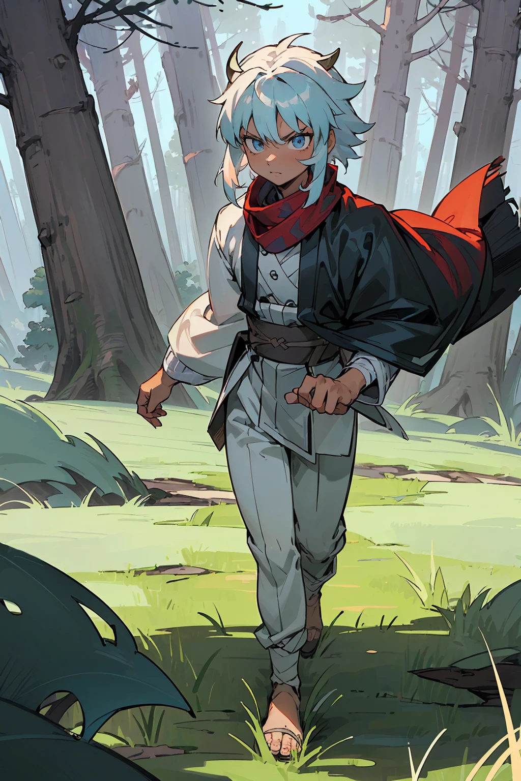 ((masterpiece,best quality,1male,male focus,masculine,solo,closed mouth,ager,muscle,muscular)),((((white hair,short messy hair)))),((pale blue eyes,perfect eyes,glowing eyes,perfect face,serious demeanor)),(((dark skin color,standing still,caramel skin color,multicolored haori,white haori,black haori,red scarf,demon slayer outfit))),((forest background,trees,walking on path,grass))