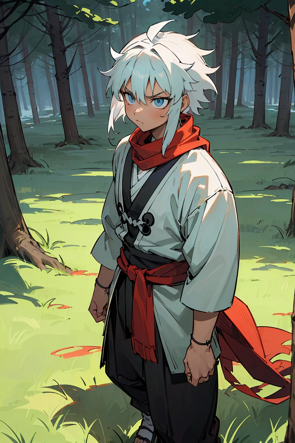 ((masterpiece,best quality,1male,male focus,masculine,solo,closed mouth,teenager,muscle,muscular)),((((white hair,short messy hair)))),((pale blue eyes,perfect eyes,glowing eyes,perfect face,serious demeanor)),(((dark skin color,standing still,caramel skin color,multicolored haori,white haori,black haori,red scarf,demon slayer outfit))),((forest background,trees,walking on path,grass))