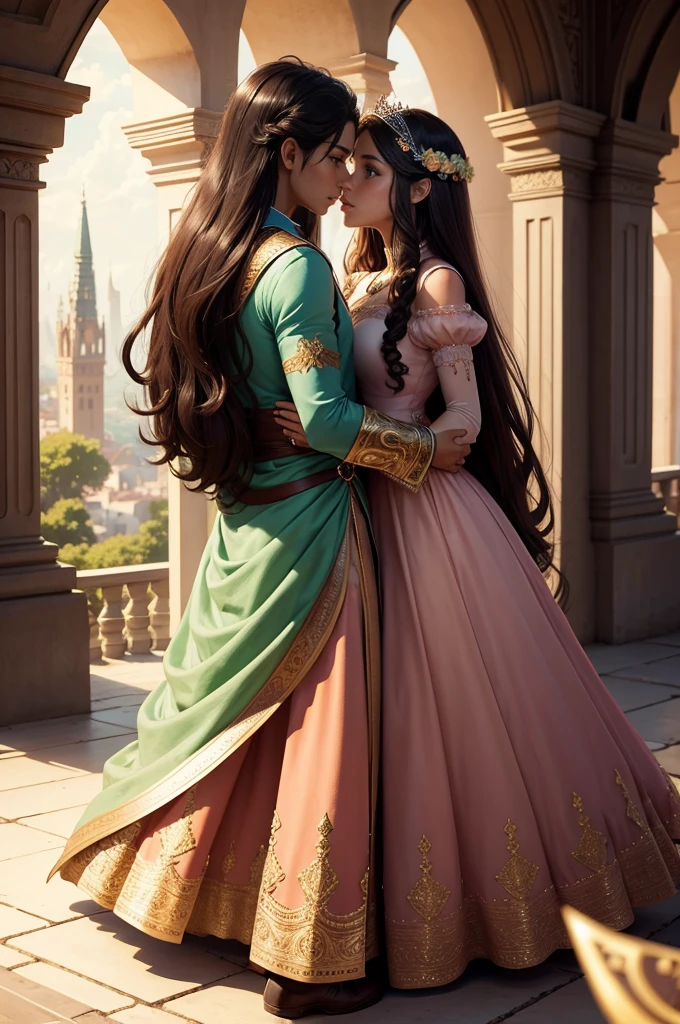 full body, fantasy illustration of a tanned Latina princess with brown eyes, princess in salmon dress, princess wearing salmon colored, princess has brown eyes, prince has hazel-green eyes, prince with hazel-green eyes, princess with black hair, black-haired princess, prince wearing red, prince with light brown hair, ethereal, detailed background, highres, romantic, realism, love, intricate details, magical atmosphere, kissing, romantic couple, fantasy, elegant, royal